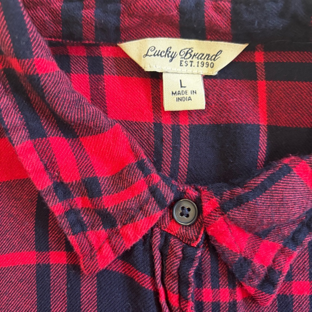 Lucky Brand Women’s Plaid Button Up Shirt Large Red Black Rayon Long Sleeve - Picture 3 of 11